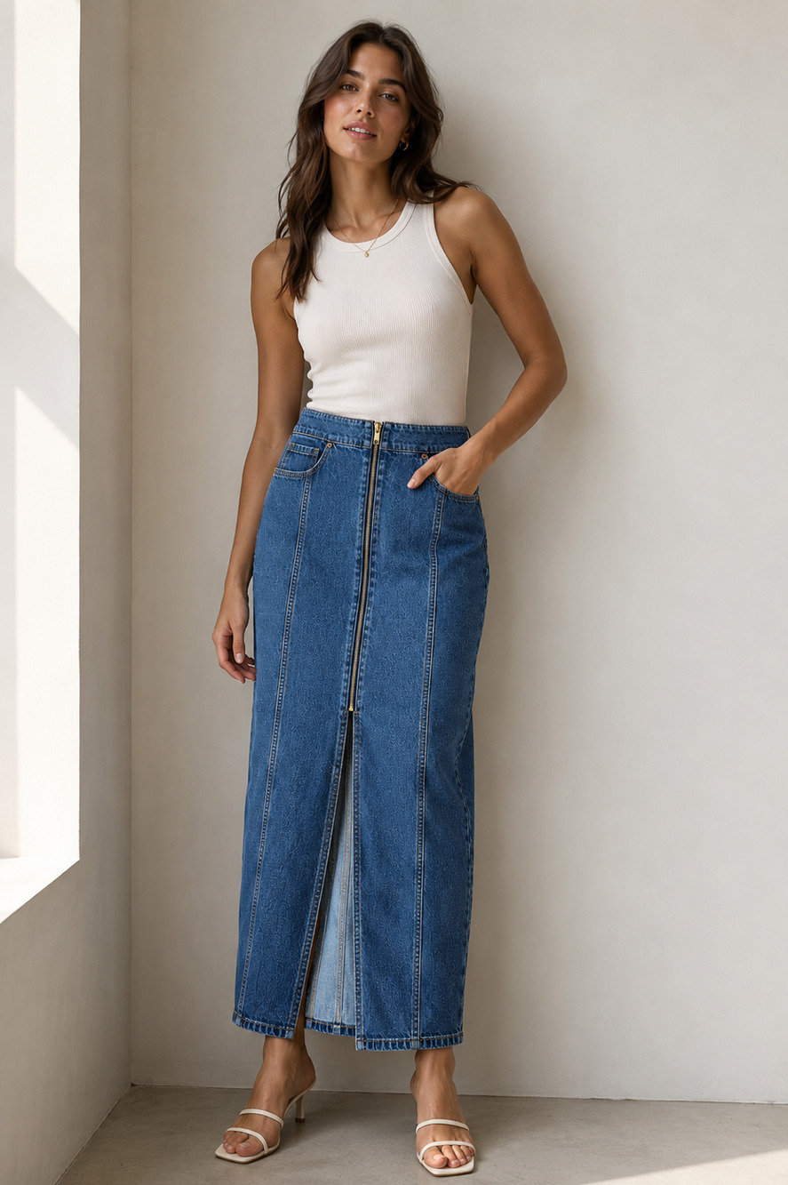 NWT Old Navy Sz 10 Jenny Denim Maxi Skirt Full Zip Front Slit 4 Pocket